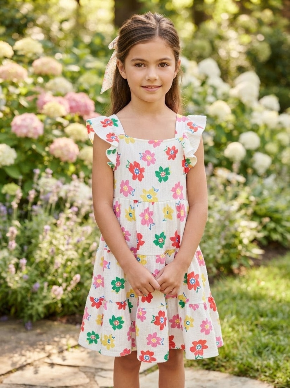 Take 50% OFF-LC Waikiki Girls White Floral Sundress with Ruffle Straps,Sz-7-8Y